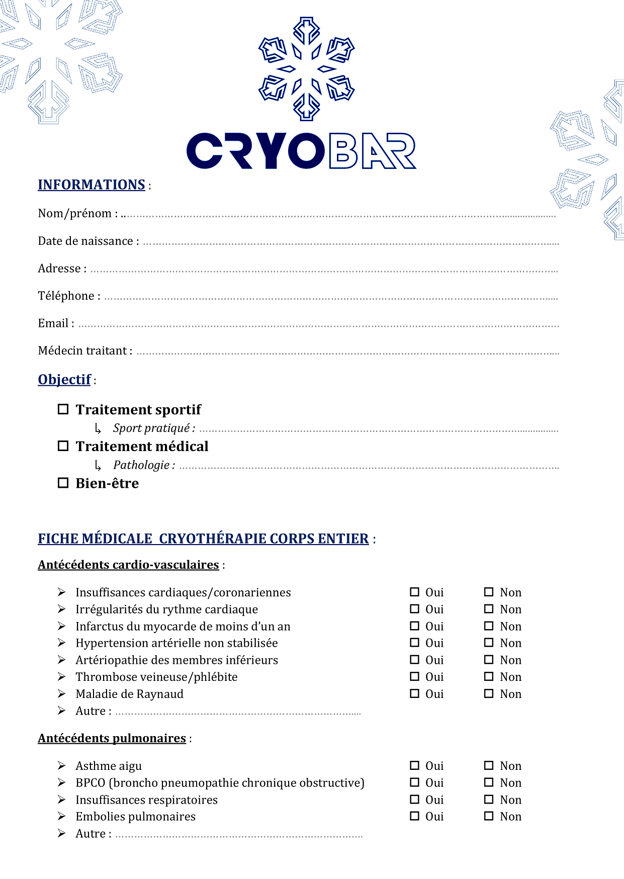 formulaire de cryoth&eacute;rapie